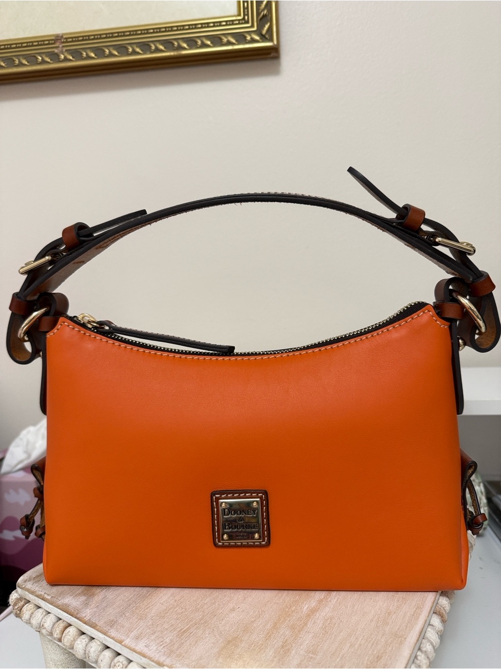 Dooney & Bourke Bright Orange Leather Shoulder Bag with Dark Trim